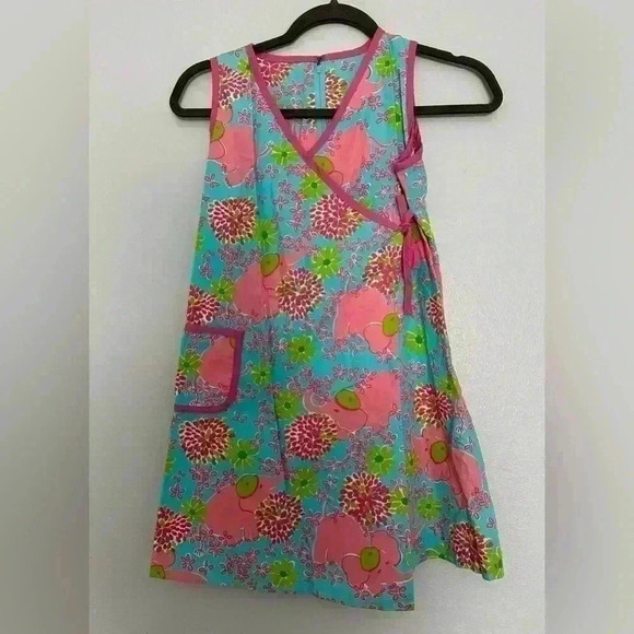 40. Lilly Pulitzer Children Girls Elephant Print Floral Wrap Dress Pink Blue - Picture 1 of 4